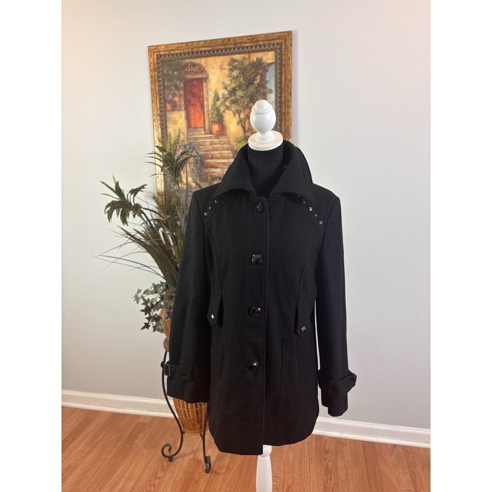 Cato Pea Coat Womens M Black Blended Wool 4 Button Front Long Sleeve Studded